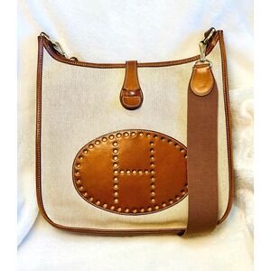 Hermes Evelyne GM Crossbody Bag Canvas Leather Cognac Authentic
